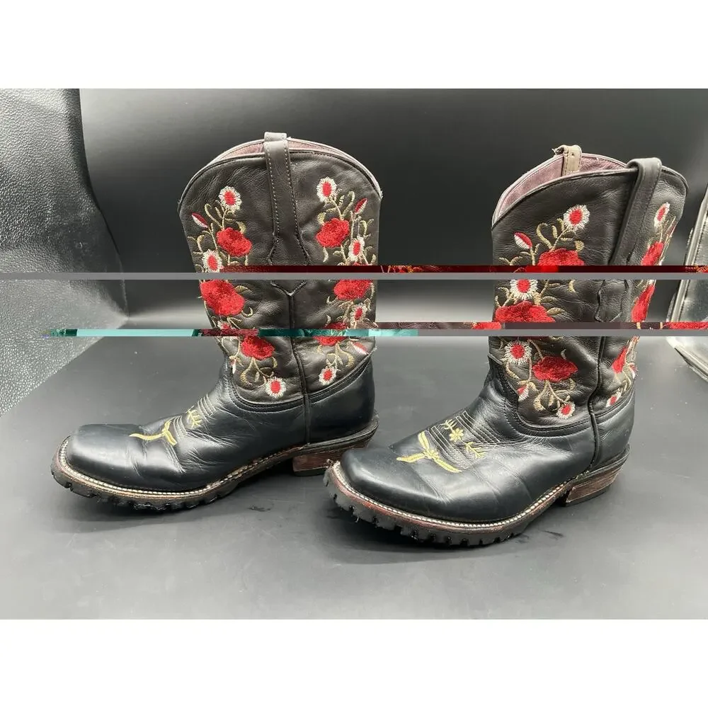 Women’s Genuine Leather Red Rose Black Nobuck Square Toe Western Cowgirl Boot